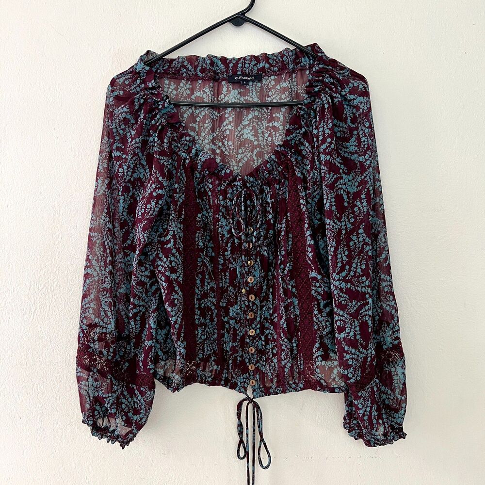 Olivaceous Burgundy Blue Floral Y2K Boho Hippie Semi-Sheer Chiffon Blouse Sz S